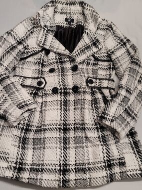 IZ Byer XL Black White Plaid Belted Peacoat Tweed Jacket